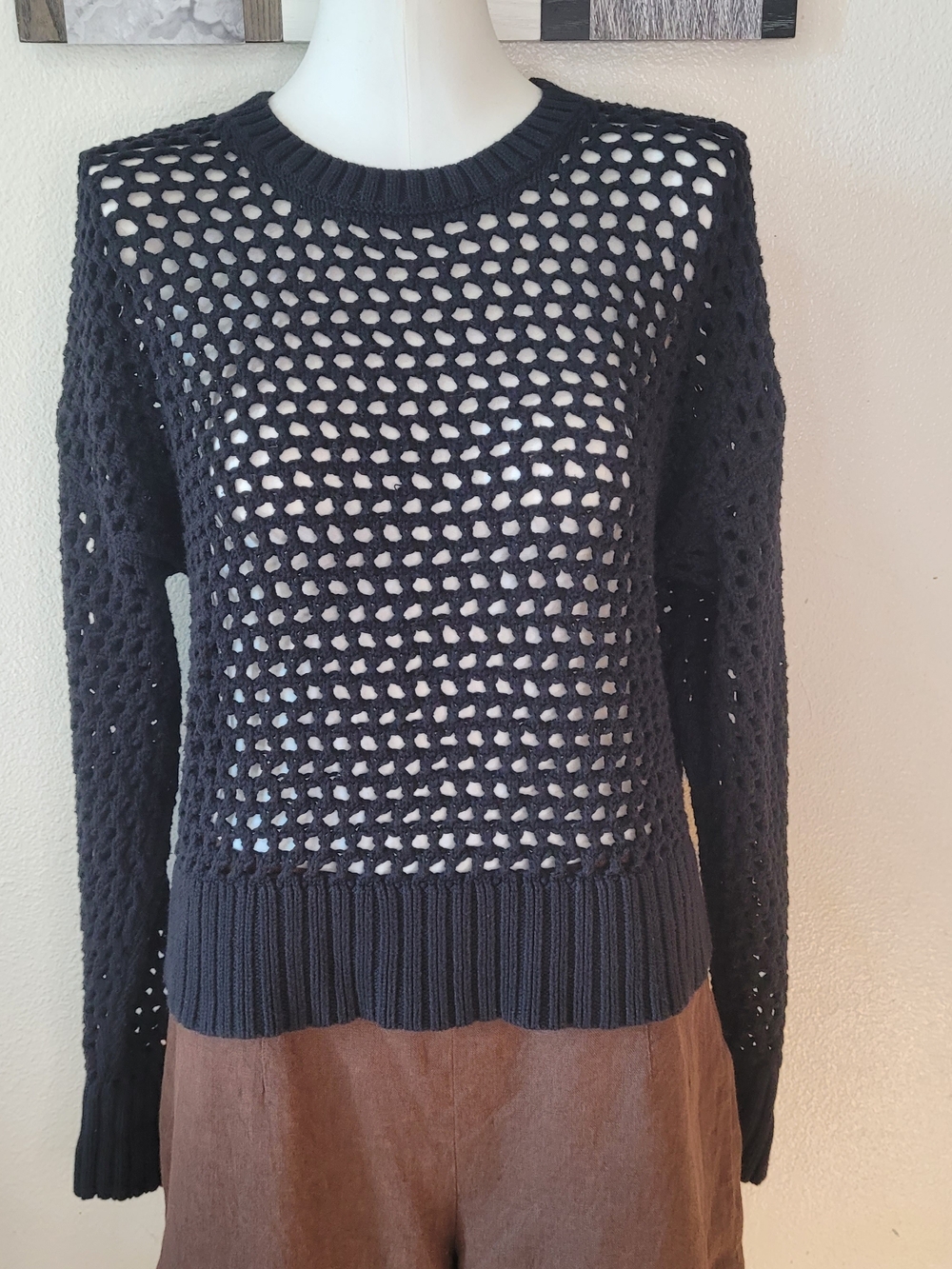 Black Open-Knit Crewneck Sweater Small